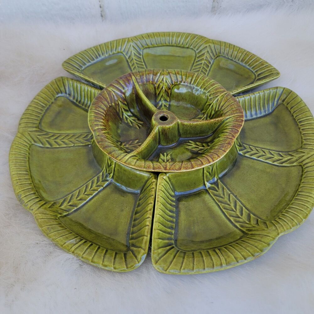 Vintage Green MCM California Pottery U.S.A 4 Pc Snack Tray Set Lazy Susan